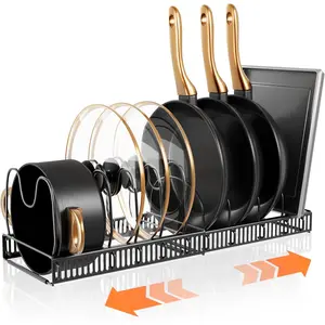Expandable Adjustable Pots and Pans Organizer Rack for Under Cabinet, Pot Lid Pan Organizer with 10 Dividers, Fits 11.81''-22.85'' Cabinet for Bakeware Storage