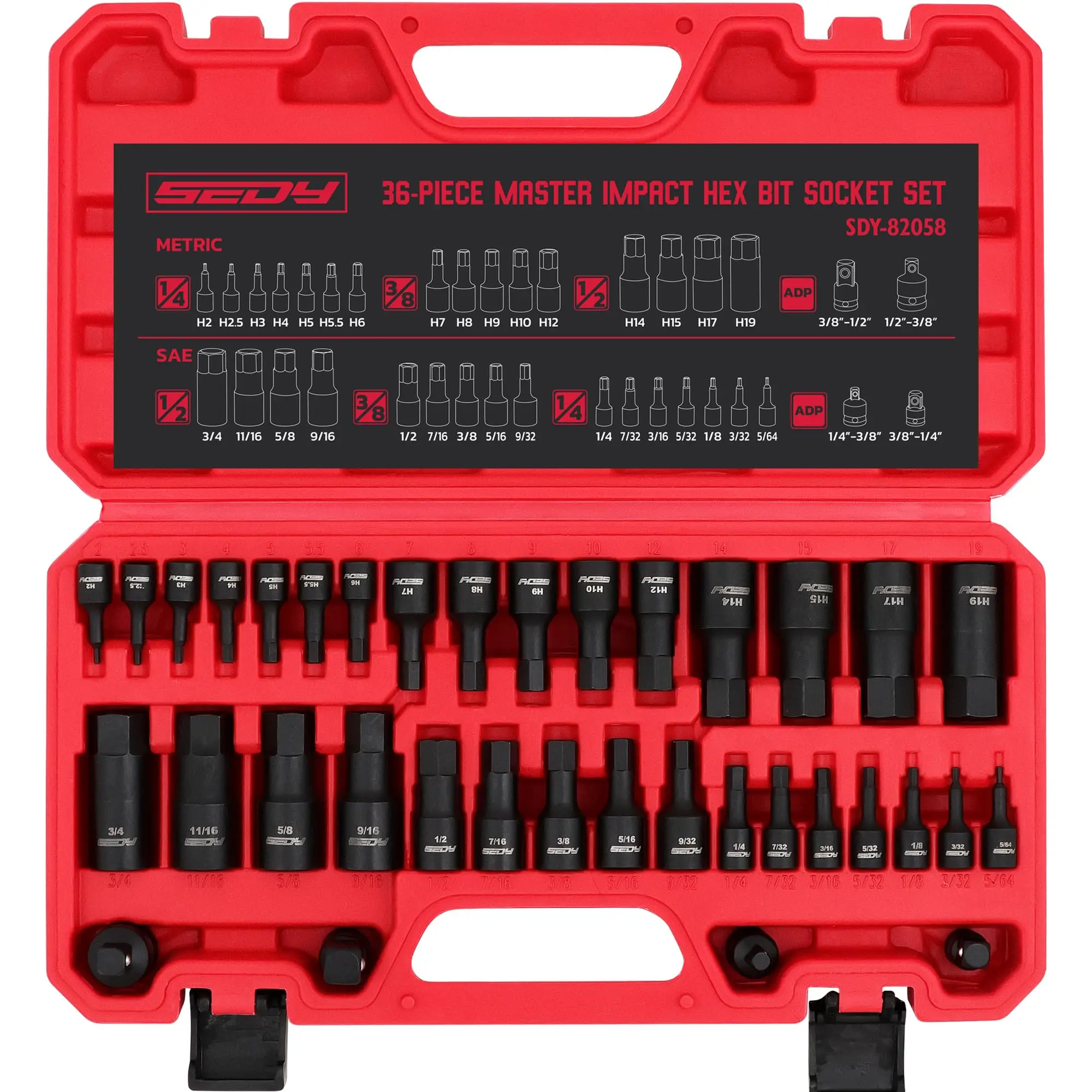 SEDY Hex Bit Impact Socket Set: 36-Piece with 4 Adapters, 1/4" 3/8" 1/2" Drive Master Allen Impact Socket Set, H5-H19 & 3/4"-5/64", Heavy Duty Storage Case, SAE and Metric, Automotive Mechanic multifunctional tool  kit for Garage & Household Use