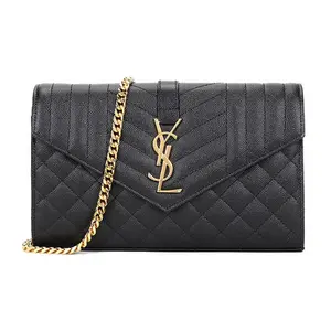 Saint Laurent YSL Monogram Gold Logo Quilted Leather Chain Crossbody Wallet Bag for Women in Black