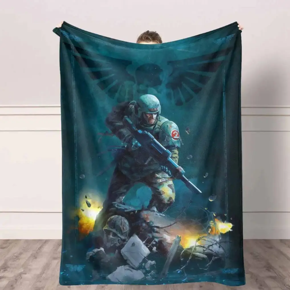 Warhammer Soldier Flannel Blanket | Grimdark Military Print, UltraSoft Lightweight Warm Throw for Gaming Room, Living Room, Dorm, Travel, Cold Weather, Holiday & Festival Gifts