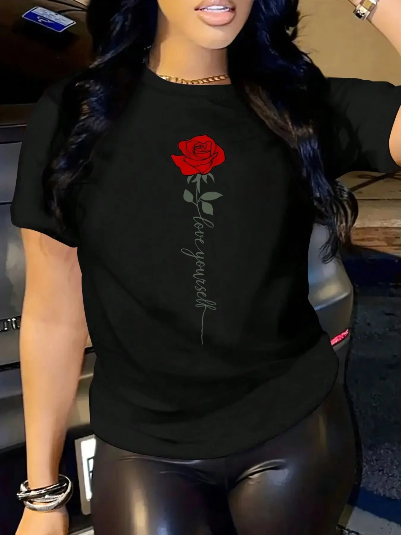 "Red Rose Love Yourself" Aesthetic Y2K Soft Cotton Graphic T-Shirt for Women, Trendy Streetwear Crew Neck Style Tee with Inspirational Slogan, Casual Comfy Short Sleeve Top for Daily Wear Club Night Outfits Summer Fashion Essential