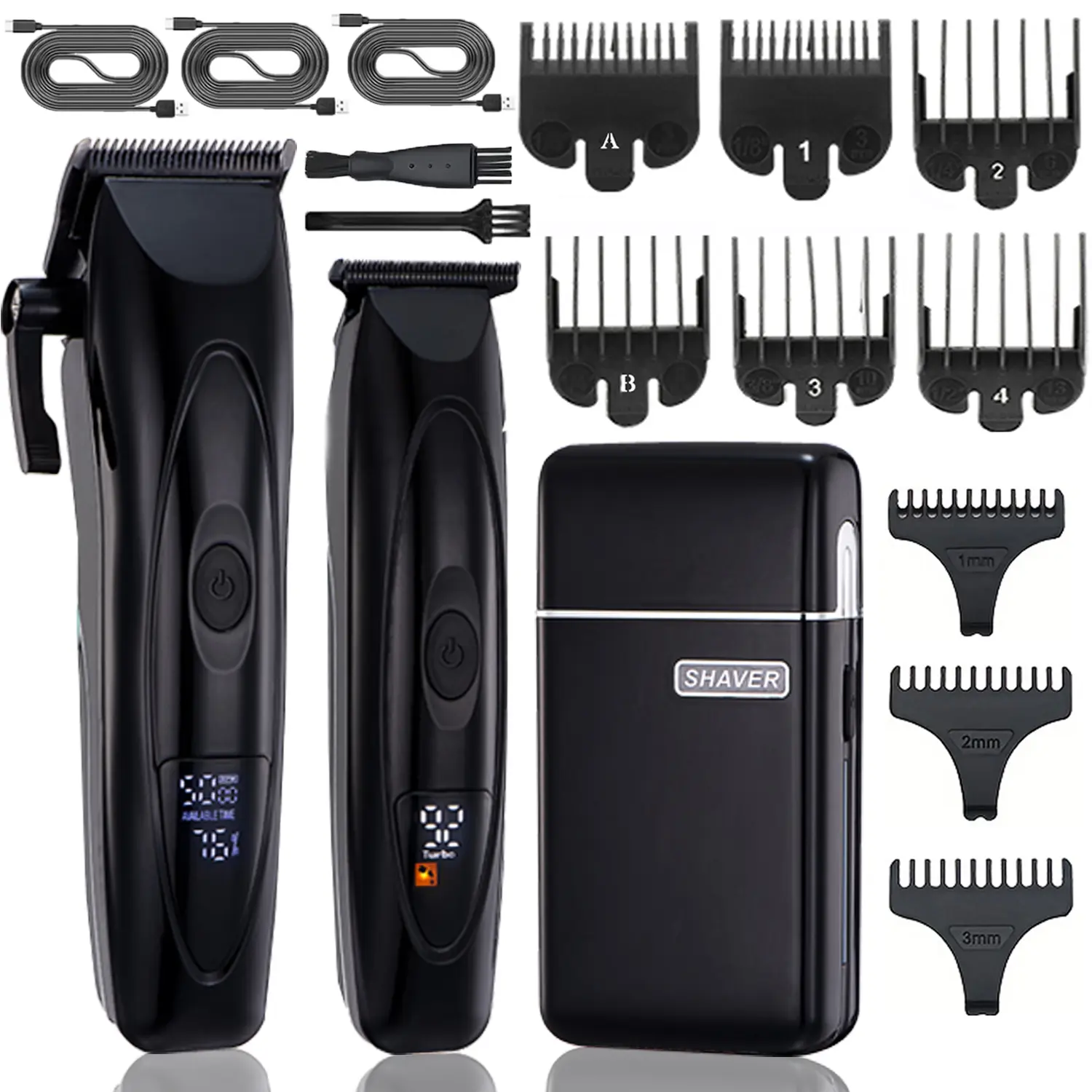 Men’s 3-piece hair grooming set: home electric hair clipper kit including an electric shaver, cordless trimmer, USB charging, and LCD battery display Hair Cutting Kit Clippers Men
