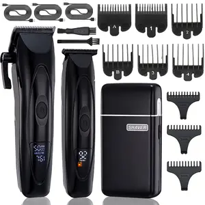 Men’s 3-piece hair grooming set: home electric hair clipper kit including an electric shaver, cordless trimmer, USB charging, and LCD battery display.