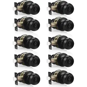Bath/Bed Door Knobs Flat Black Finish, Round Ball  Door Knobs, Interior Keyless Locksets, Bedroom Bathroom Door Knobs with Lock(10 Pack)