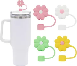 4Pcs 0.4in Diameter Cute Silicone Straw Covers Cap for Stanley Cup, Dust-Proof Drinking Straws Reusable Straws Tips Lids (4 PCS Flower Straw Covers)