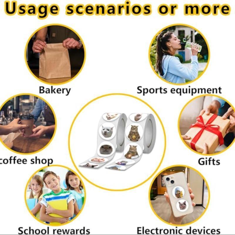 Cat Pattern Sticker, 500pcs/roll Cute Cat Face Expression Sticker, Self Adhesive Decorative Sticker for Gift Greeting Card & Envelope,Christmas Gift Label Sticker,