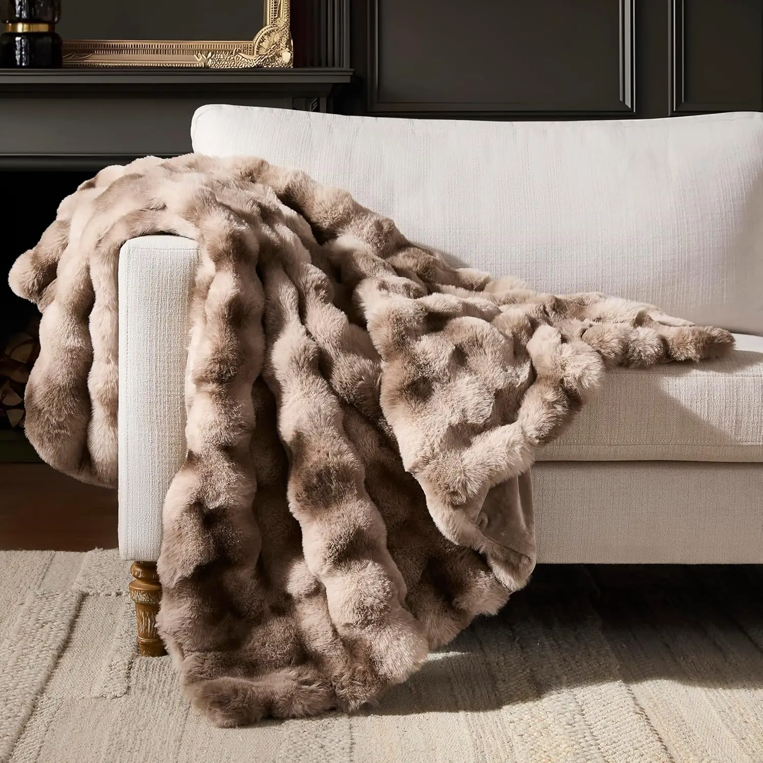 Luxury Bubble Throw Blanket, Faux    Plush Throw for Couch, Sofa and Bed, Soft Fluffy Fuzzy Furry Cozy Blanket, Thick and Warm for Women, 50x60 inches, Tie-Dye Grey, 950 GSM
