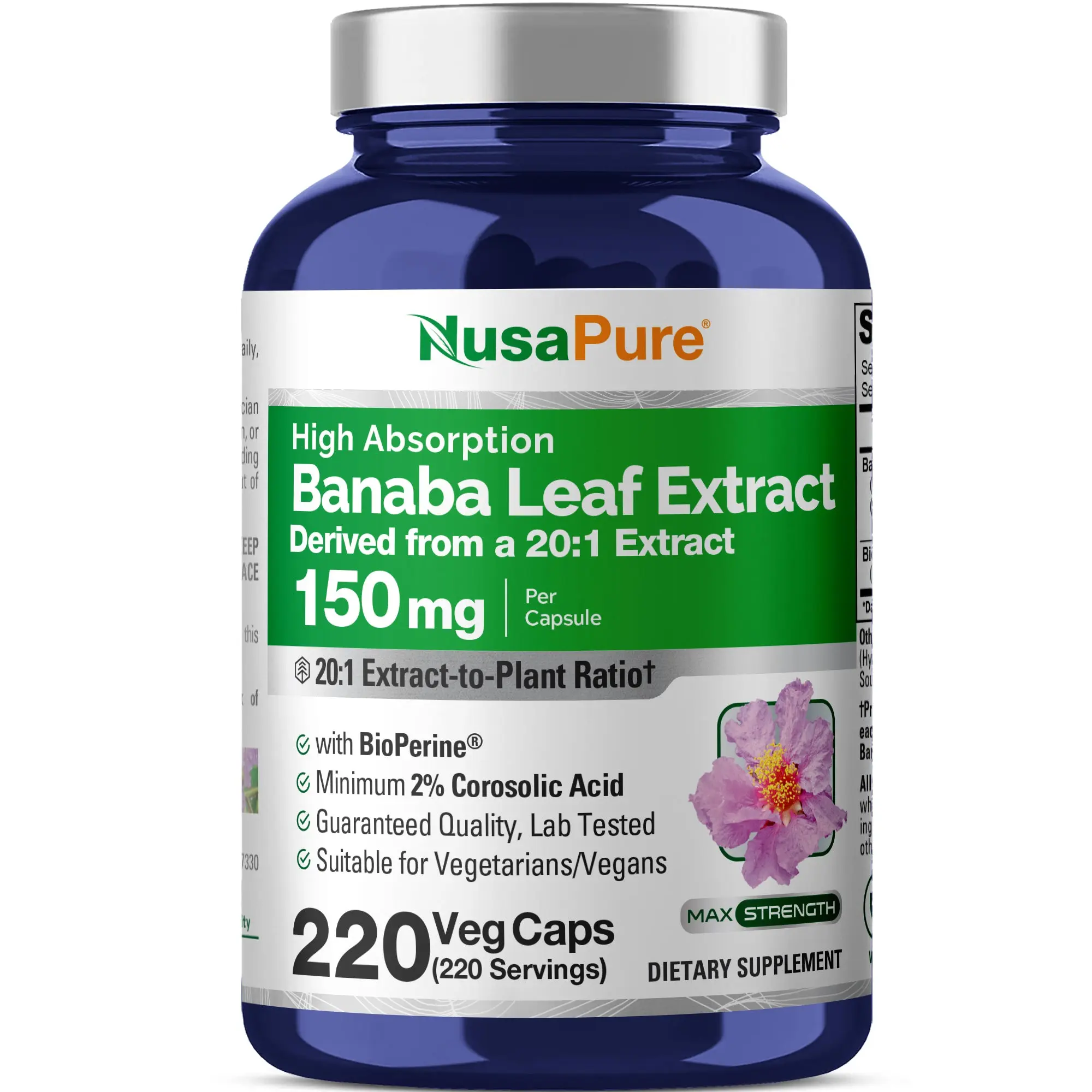 NusaPure Edible Banaba Leaf Dietary Supplement - 150 mg, 220 Veg Capsules, Herbal Vitamins, Non-GMO, Vegan, Blood Sugar Support, Antioxidant Help, Water Retention Aid, Daily Supplemental Nutrition Support