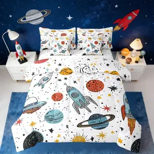 Outer Space Rocket 7 Piece Bedding Set,Galaxy Comforter Bed Set with Sheets,Kids Boys Cartoon Bed Bag,Universe Starry Sky Cosmos Bed Set