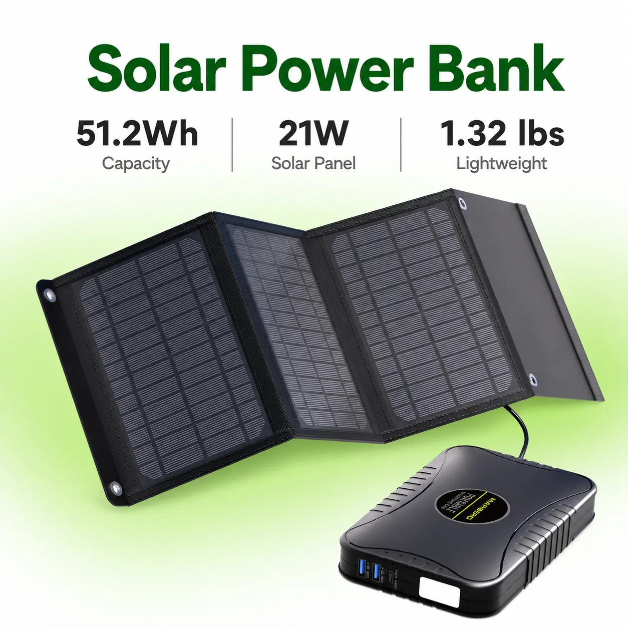 MARBERO Solar Power Bank, 51.2Wh Solar Portable Charger Kit Set, 21W Foldable Solar Panel, USB-A/USB-C Power Supply for Hikers Campers, Solar Battery Charger, External Solar Panel
