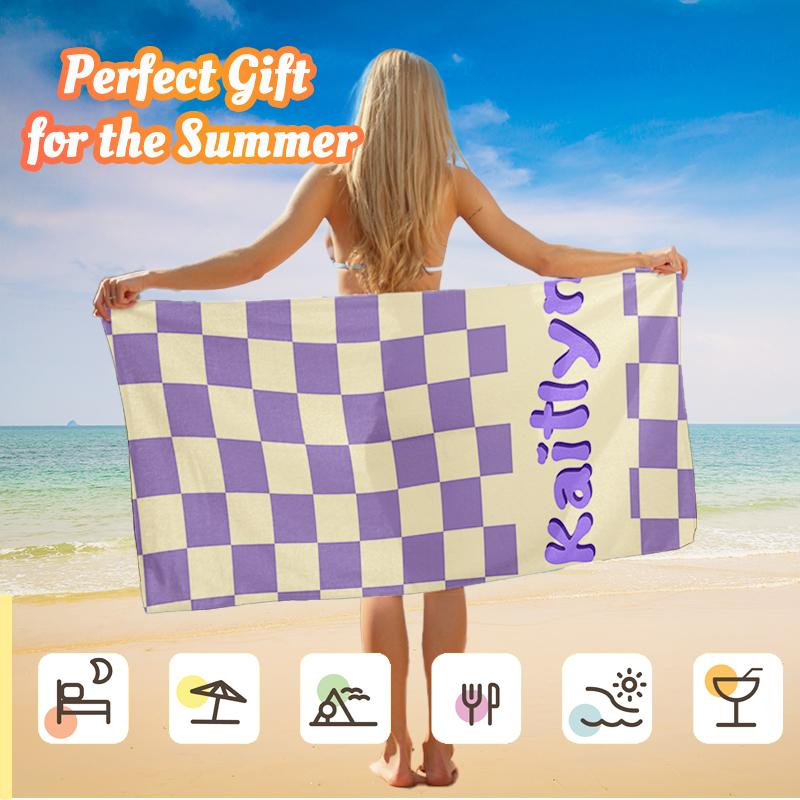 Personalized Striped Checkered Beach Towel, Custom Name Colorful Summer Pool Towel for Kids