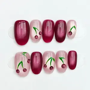 10pcs Handmade Press On Nails Acrylic -Short Oval Pink & Burgundy Nails, Handcrafted 3D Cherry Decor Sweet Fresh Style, for Daily Wear & Dating with Jelly Glue & Nail File
