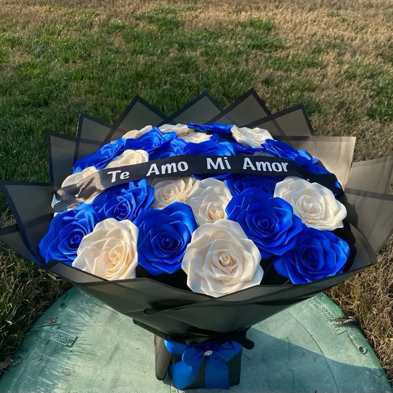 Personalized Liston Design Blue-Beige Decorative Flower Ramo - Silicone-Made, Thoughtful Father's Day Gift in Box, Ideal for Home Decor Use