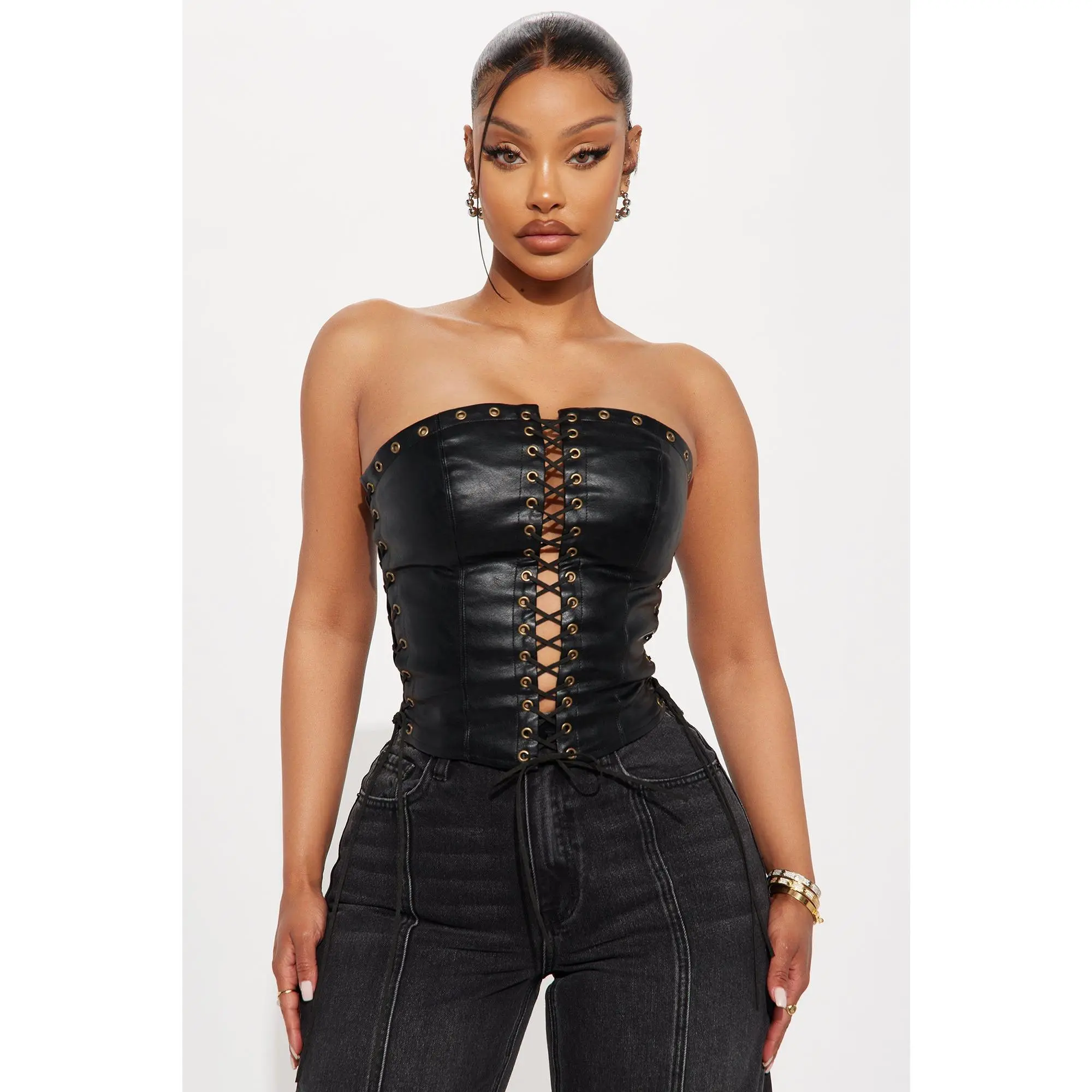 A Piece Of Work Faux Leather Lace Up Top - Black