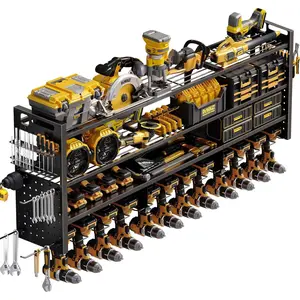 Large 49''W Power Tool Organizer Wall Mount 620lbs Garage Storage Rack with 12 Cordless Drill Holder 4-Tier Heavy Duty Utility Shelf for Battery Workshop Organization