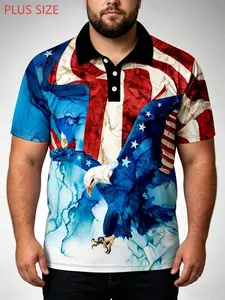 Large Size Men's Patriotic Theme Polo Shirt, Watercolor Style Flag Eagle Print, Loose-Fitting Casual Top, Comfortable Daily Wear