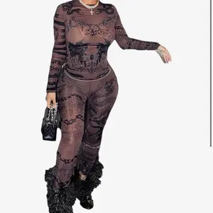 Women's See Through Mesh Bodycon Two Piece Sets Sexy Print Long Sleeve Clubwear for Womenswear - Clothes (size large)