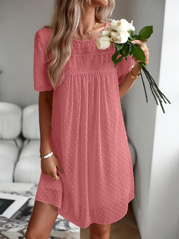 Women's Elegant Short Sleeve Chiffon Dress- A-Line Round Neck with Applique Detail, Machine Washable Lightweight Solid Color All-Season Casual& Formal Wear