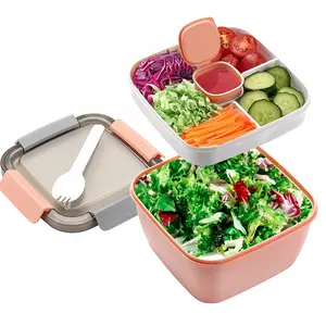Arthink 52Oz Salad Lunch Container with 4 Compartment Tray,Bento Lunch Box with Spoon & Dressing Cup, Leakproof Salad Container for Lunch,Toppings,Snacks,  Tableware Kids