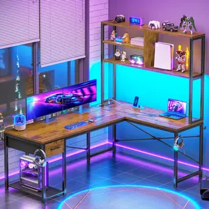 Sedeta L-Shaped Sturdy Gaming Desk - 51.2" Reversible Small Corner Home Office Desk with Drawer, Power Outlet, LED Lights, Storage Shelves, Iron Hooks, Modern Wood & Metal Build for Small Spaces, Home Office Desks, Sturdy Computer Desk