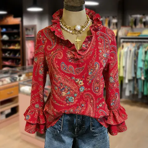 Cherrybetty Vintage Paisley Print Ruffle Neck Double Bell Sleeves Blouse Tiktok Shop Spring Glow Up Vintage Red Going Out Tops Outfits