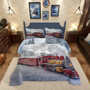 Boys Train Bedding Set,Winter Steam Train Comforter Set for Kids Adults,Transportation Vehicle Trains Bedding Comforter Setsnow Pine Tree Quilt Bed Set,Room Decor