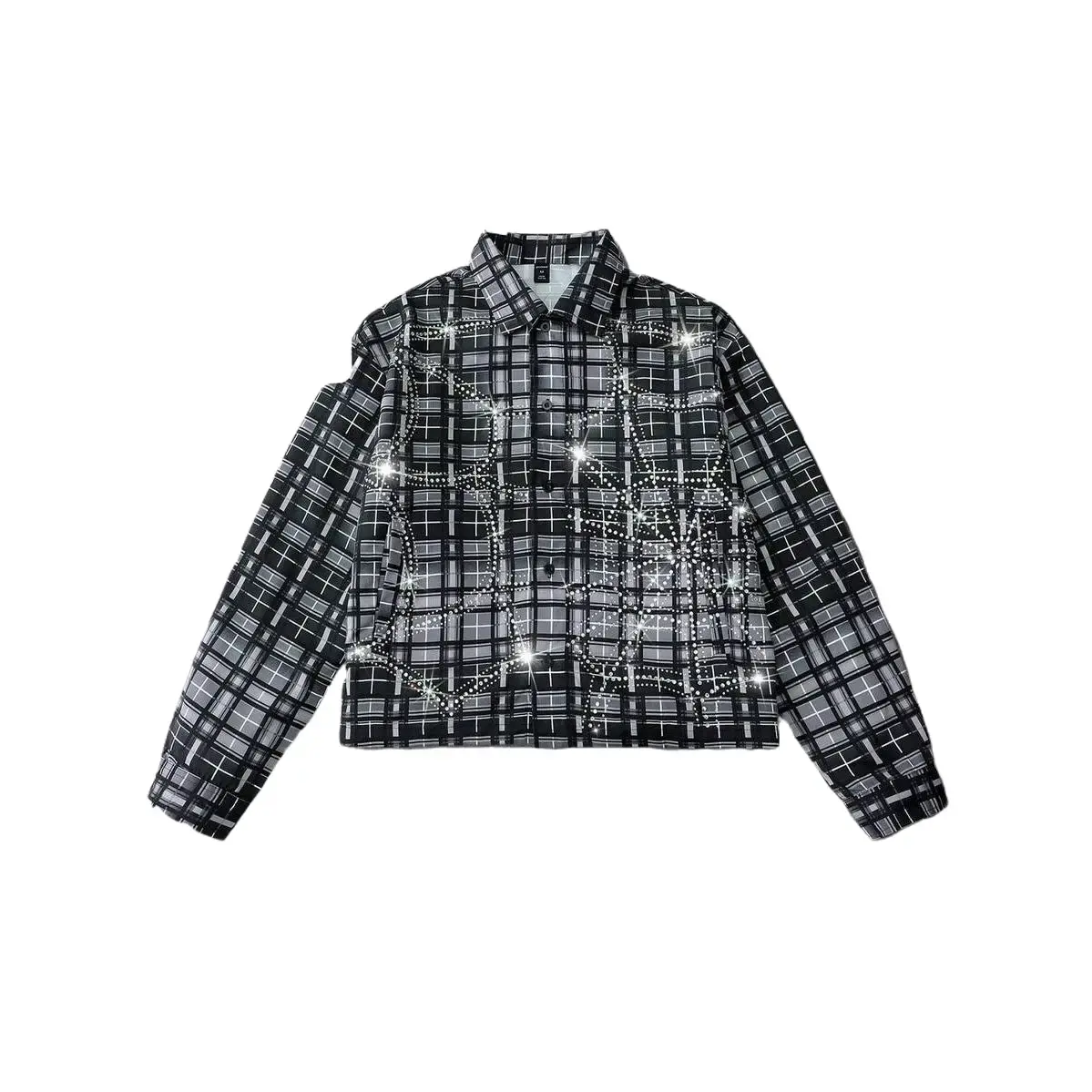 Men's Longsleeves Checked Rhinestone Plaid Shirt - Spring Casual Streetwear, American Style, Premium Polyester Menswear with Sturdy Hem, Shirts, Collared Neck, Loose-Fitting, Stretch, Machine Washable, Fabric, Top, Regular, Long Sleeve, Rhinestone Plaid G