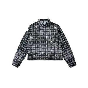 Street Life Spring Casual Graphic Men'S Shirt With Rhinestone Plaid Pattern, Long Sleeve, Streetwear American Style