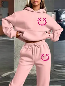 Women's Hooded Sweatpants Set, Fall & Winter Warm Clothing, Dark Smiley Print, Trendy Gothic Style, Loose Fit