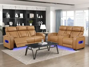 Homelegance 9516BRW-2PWH Fairway Tan Faux Leather 2 pc Power Motion Sofa & Love Seat Set USB LED