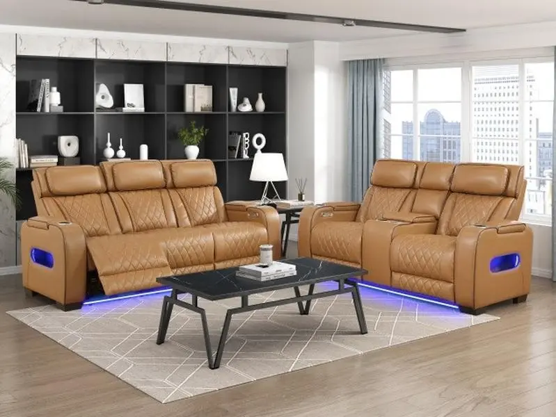 Homelegance 9516BRW-2PWH Fairway Tan Faux Leather 2-Piece Power Reclining Sofa & Loveseat Set - Modern Comfy Couch with USB, LED Features
