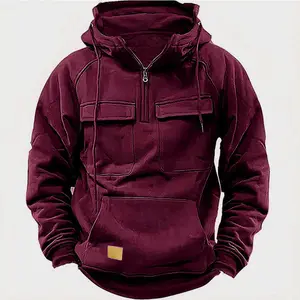 Spring, autumn and winter American hooded loose stand-up collar casual sweater men's multi-pocket cardigan zipper jacket