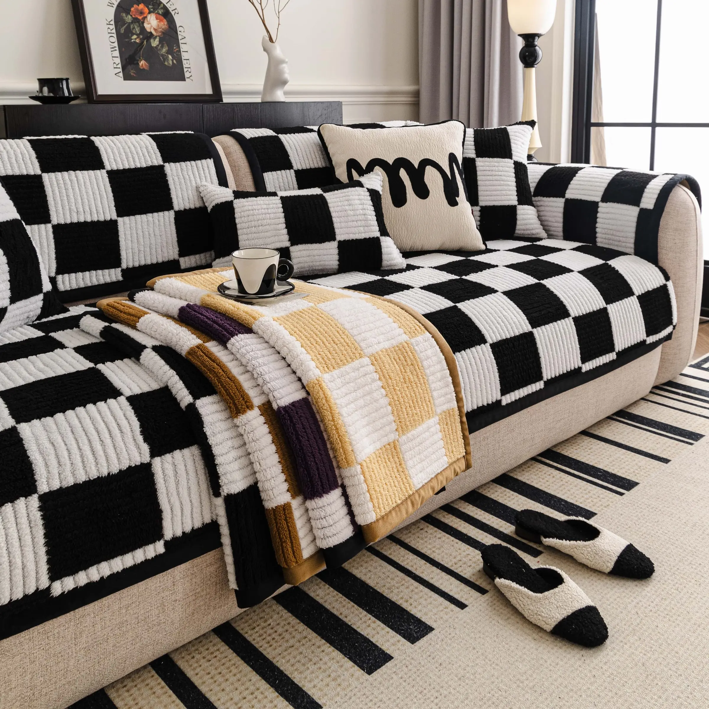 Checkerboard Plush Sofa Cushion Cover, Thick Non-Slip Couch Protector Pad, Pet-Friendly Anti-Scratch Sofa Mat, Soft Machine Washable Furniture Cover, Sofa Slipcover, Sectional Sofa Slipcovers, Furniture Slipcovers For Sofa Sectional