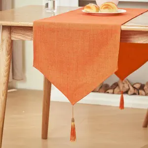 Faux Burlap Orange with Tassels 14x71 Inch Dresser Scarf Rustic Farmhouse New Year Thanksgiving Table for Autumn Harvest Dining Table Bedroom Decoration