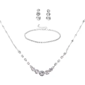 3 Pcs Silver Jewelry Set for Women,Rhinestone Crystal Necklace Drop Earrings Link Bangle Bracelet Bridal Wedding Jewelry for Brides Bridemaid Prom Costume Accessories,Halloween Christmas Party,DIY Hand Tools Kits