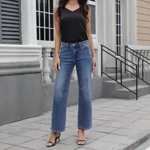 Magic ONESO BBL Jeans for Women: Mid-Low Rise Stretch Baggy Fit, Comfortable DIAMOND FLOW Dark Blue Wide Leg Distressed Denim with Tummy Control