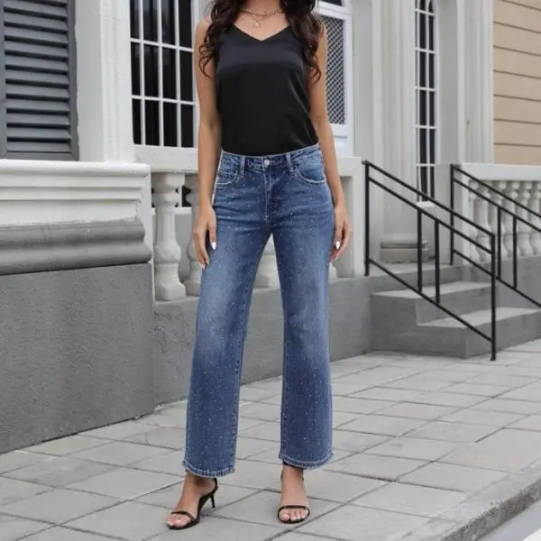 Magic ONESO BBL Jeans for Women: Mid-Low Rise Stretch Baggy Fit, Comfortable DIAMOND FLOW Dark Blue Wide Leg Distressed Denim with Tummy Control