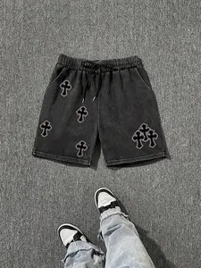 Men's Cross Print Washed Distressed Drawstring Waist Shorts, Loose Casual Street Style Graphic Shorts for Summer, Casual Streetwear Shorts, Men's Bottoms for Daily Wear