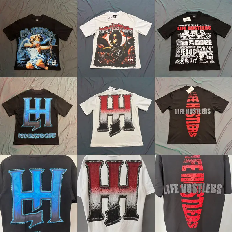 Unisex Streetwear Graphic Tops - LIFE HUSTLERS Hot Drill Print, Short Sleeve, Round Neck, Casual Fitted T-Shirt