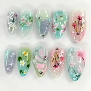 S120 Garden Breeze Press-On Nails, 3D Dried Flowers, Pastel Green & Pink Jelly Base, Custom Press-On Nail, Solana Nails Town