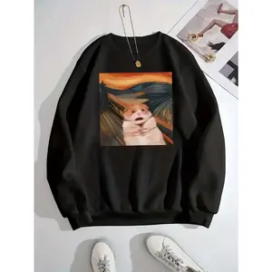 Long sleeve relaxed fit sweatshirt Cute hamster print sweater, crew neck casual sweater, suitable for autumn and spring, women's clothing