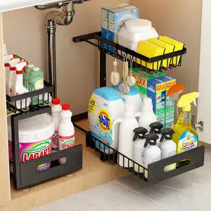 Under Sink Organizer(10 Seconds Installation), 2 Packs 2 Tier Expandable Height (11" - 16") Under-Sink Organizers Slide out Pull out Bathroom Kitchen Organizers And Storage Racks