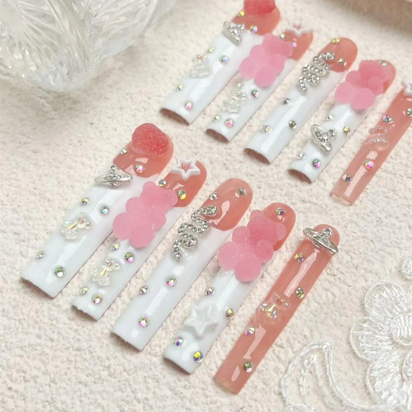 Bear Decor Nail Art Design Handmade Press on Nails, Artificial Nails with Nail File & Jelly Glue, 10pcs Extra Long Square Fake Nail Tips, Fake Nails Set, DIY Elegant Stick on Nails Kit