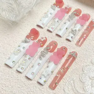 Bear Decor Nail Art Design Handmade Press on Nails with Nail File & Jelly Glue, 10pcs Extra Long Square Fake Nail Tips, Fake Nails Set, DIY Elegant Stick on Nails Kit