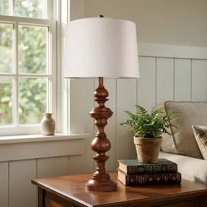 Dark Brown Turned Wood Floor Lamp, Vintage Spindle Wooden Standing Lamp with Beige Linen Drum Shade, Farmhouse Rustic Tall Floor Light for Bedroom, Living Room, Entryway
