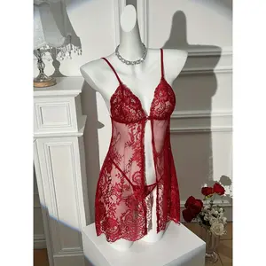 Women's Red Floral Lace Babydoll Lingerie - V-Neck Open Front Mini Dress with Matching Thong| Sheer Romantic Nightwear, Best gift for Valentine's Wedding Anniversary Birthday