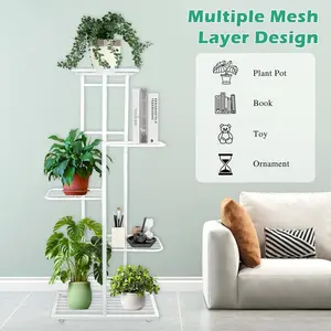 SURUI Metal Lattice 6-Tier Space-Saver Plant Shelves - Minimalist White Home Decor Organizer with Floor Pads, Floating Shelves for Storage Organization, Multi-Use Rack (Alternative Option: 5-Tier)