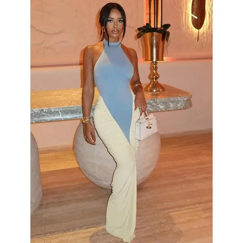 Weird Puss Ruched Maxi Dress Women Sexy Color Blocking Halter Backless Thin  Slit Summer Trend Birthday Party Clubwear Vestidos - TikTok Shop