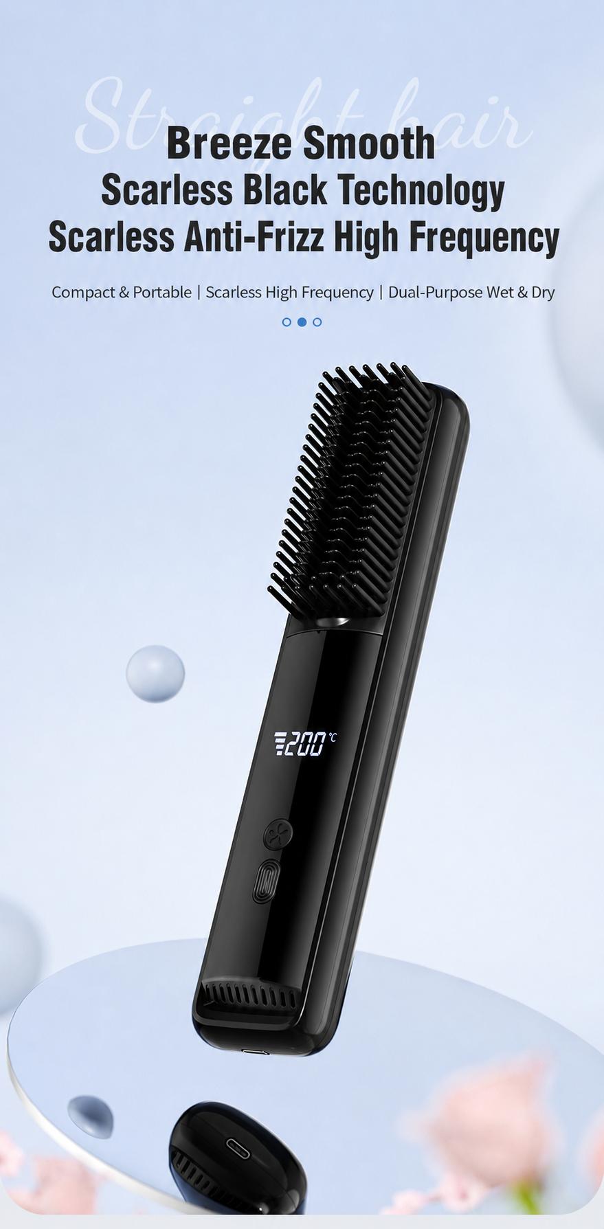 Lightweight Hair Straightener Brush with MCH Rapid Heating, 3 Temp Levels & Cool Air Styling, Fast Charging Travel Ready Hair Tools with Digital Display, Adjustable, Cordless, Anti-Frizz, Dual Voltage, Smooth, Straightening Curly Hair