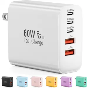 USB C Charger Block 60W 5-Port Type C Fast Charging Block USBC USB Multiple Port Wall Charger Plug Adapter for iPhone 17/16/15/14/13/12/11 Pro Max Samsung Galaxy iPad Tablet White